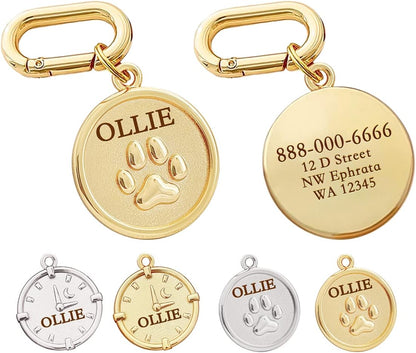GKRB MEMOPAW personalized gold plated dog ID tag front view featuring engraved paw print text.