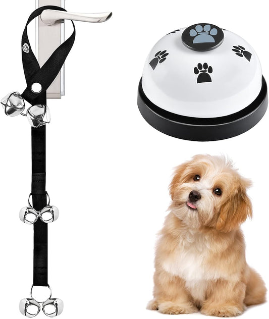 Jimejv 2 Pack Dog Doorbells front view showing nylon strap and stainless steel bells