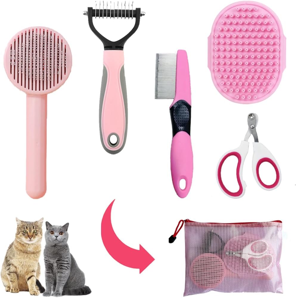 KittuPet cat grooming kit front view of pink self cleaning brush