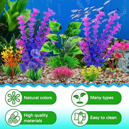 Artificial aquatic plants for five gallon fish tanks showcasing soft green and purple leaves.