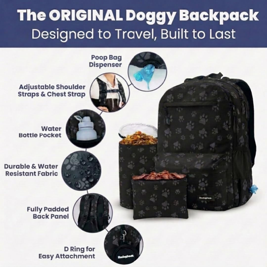 Rubyloo pet diaper bag backpack showcasing ten organization pockets filled with dog supplies.