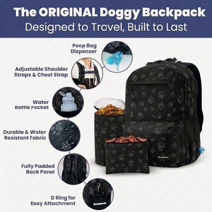 Rubyloo pet diaper bag backpack showcasing ten organization pockets filled with dog supplies.