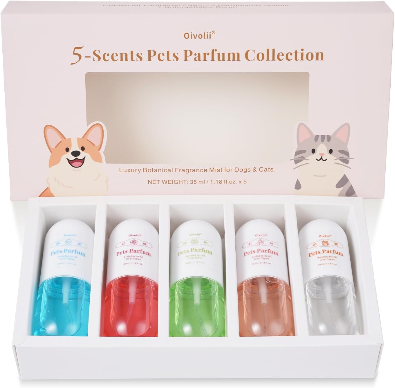 Oivolii dog cologne pet perfume gift set front view showing five botanical scent bottles