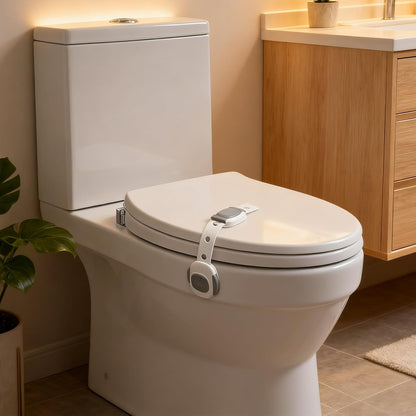 ZENTIVOR baby proof toilet lock 2 pack front view showing the white safety latch attached to a clean home toilet seat cover.