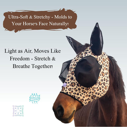 Side profile of horse wearing leopard print breathable fly mask