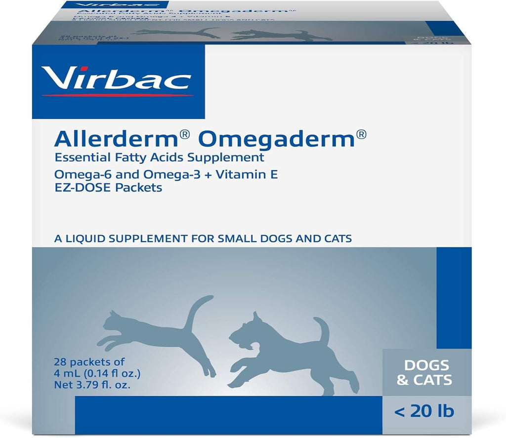 Allerderm Omegaderm essential fatty acids supplement packets displayed next to the box showing veterinary dermatological support.