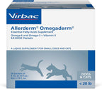 Allerderm Omegaderm essential fatty acids supplement packets displayed next to the box showing veterinary dermatological support.