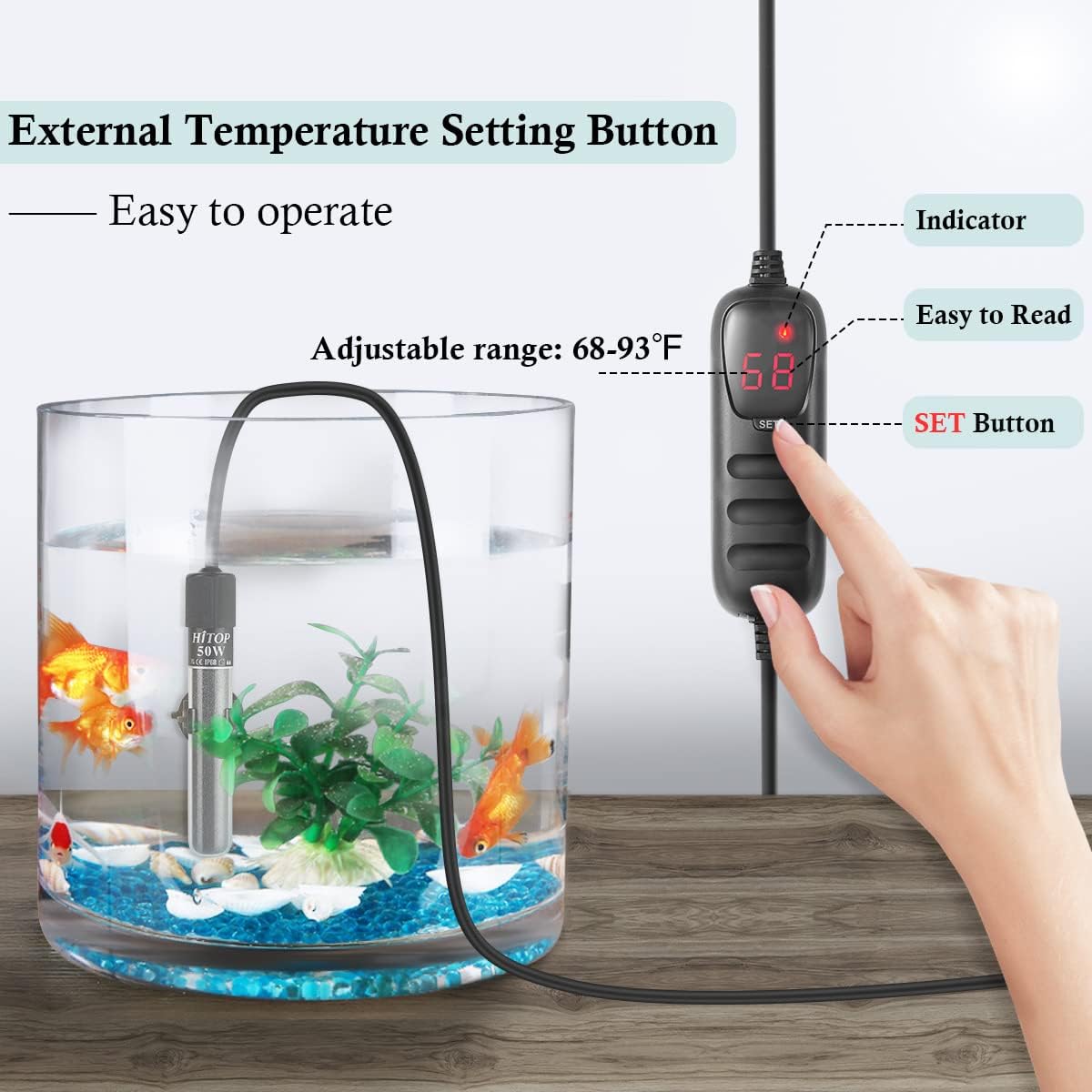 External controller for Hitop fish tank heater showing temperature setting