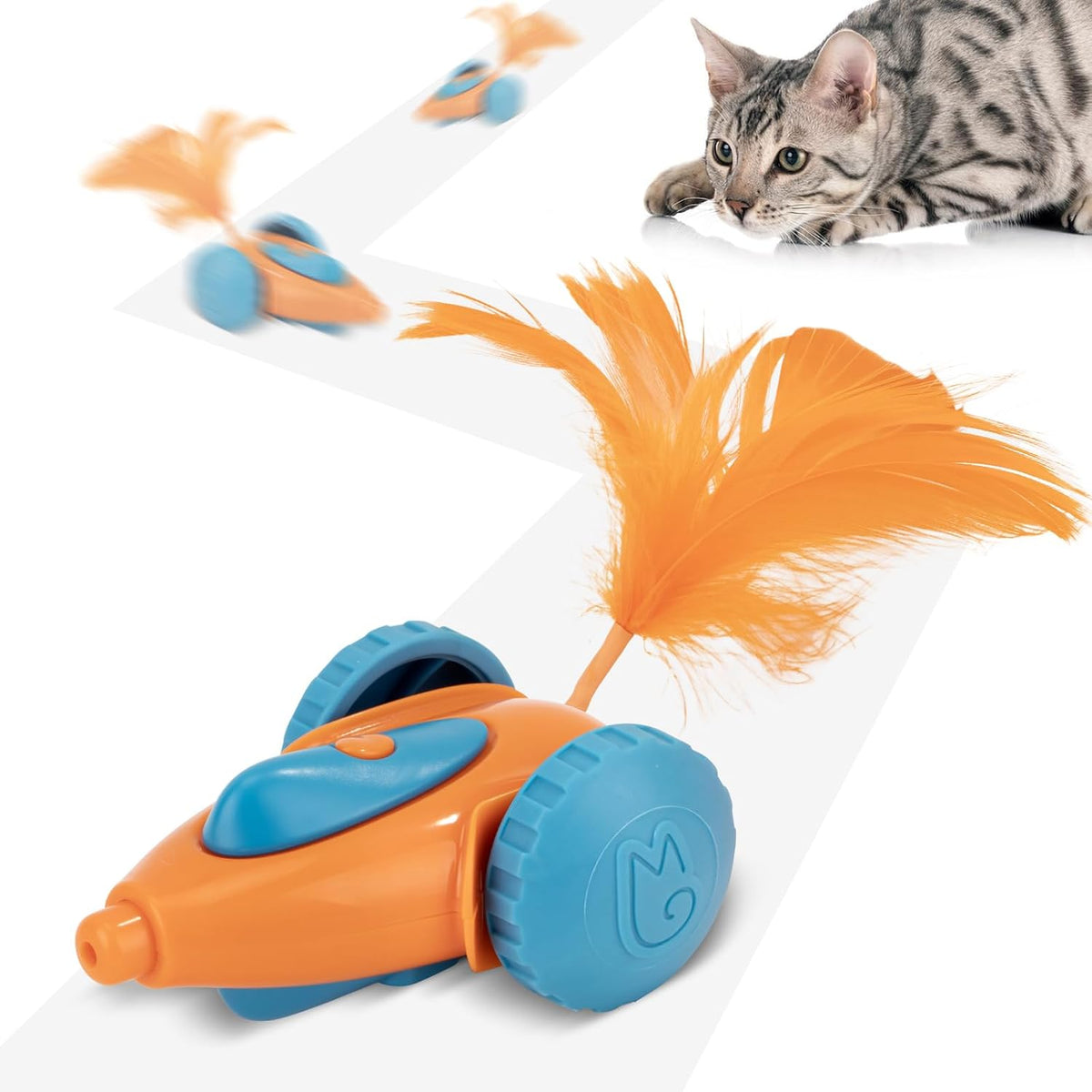 Migipaws automatic interactive cat toy orange variant front view showing durable mouse design.