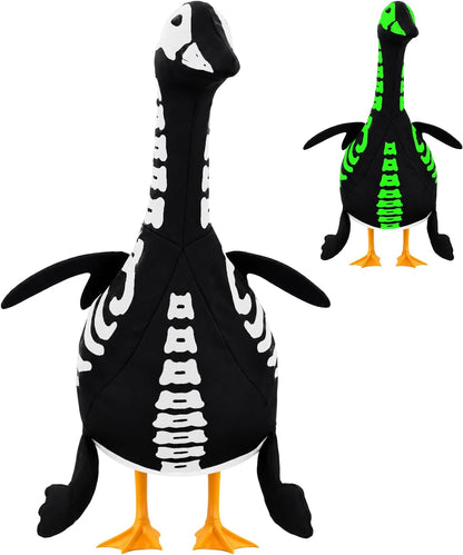 Aymolas Halloween porch goose skeleton costume front view on yard statue