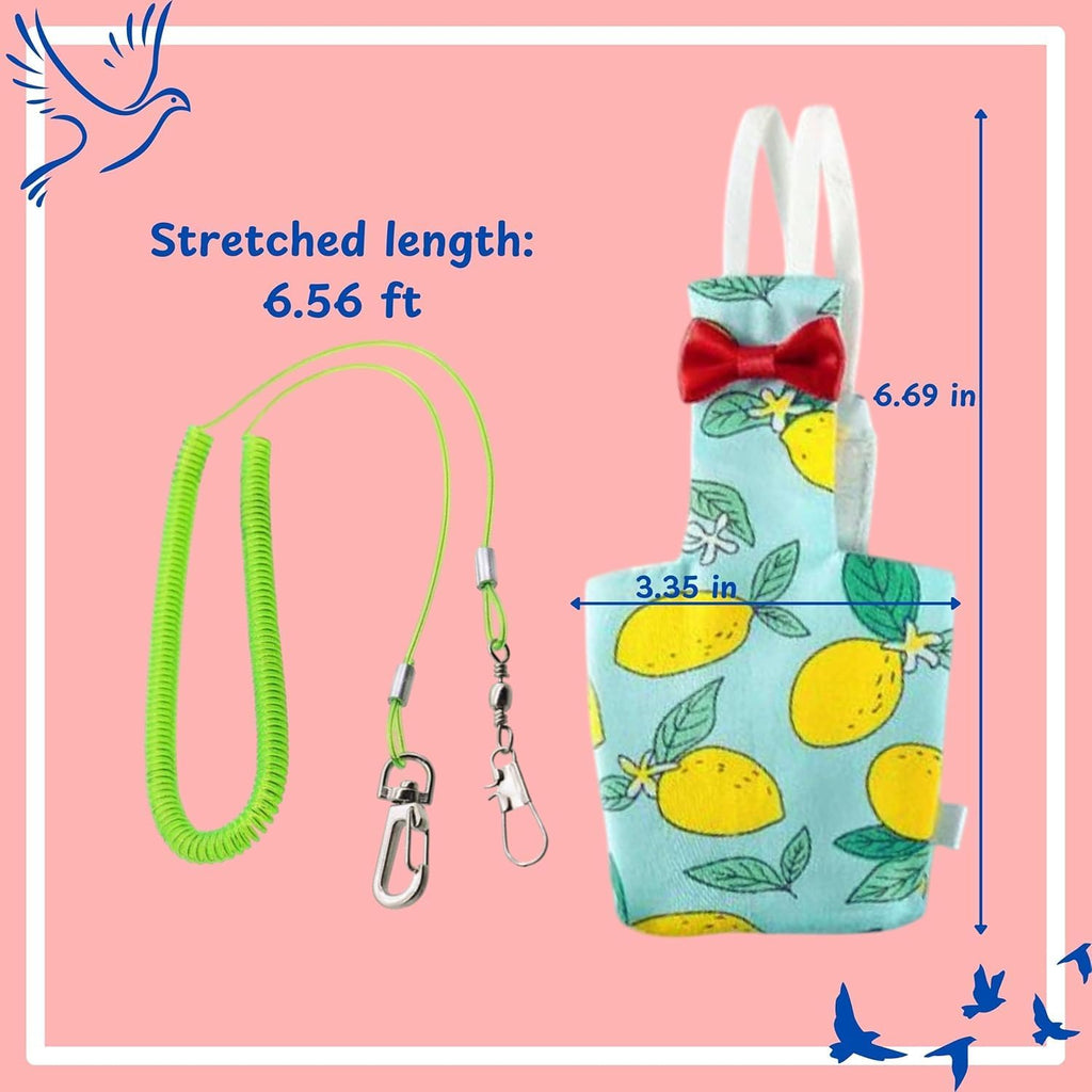 Homedy Crafts bird flight suit displayed with attached elastic leash and red bow.