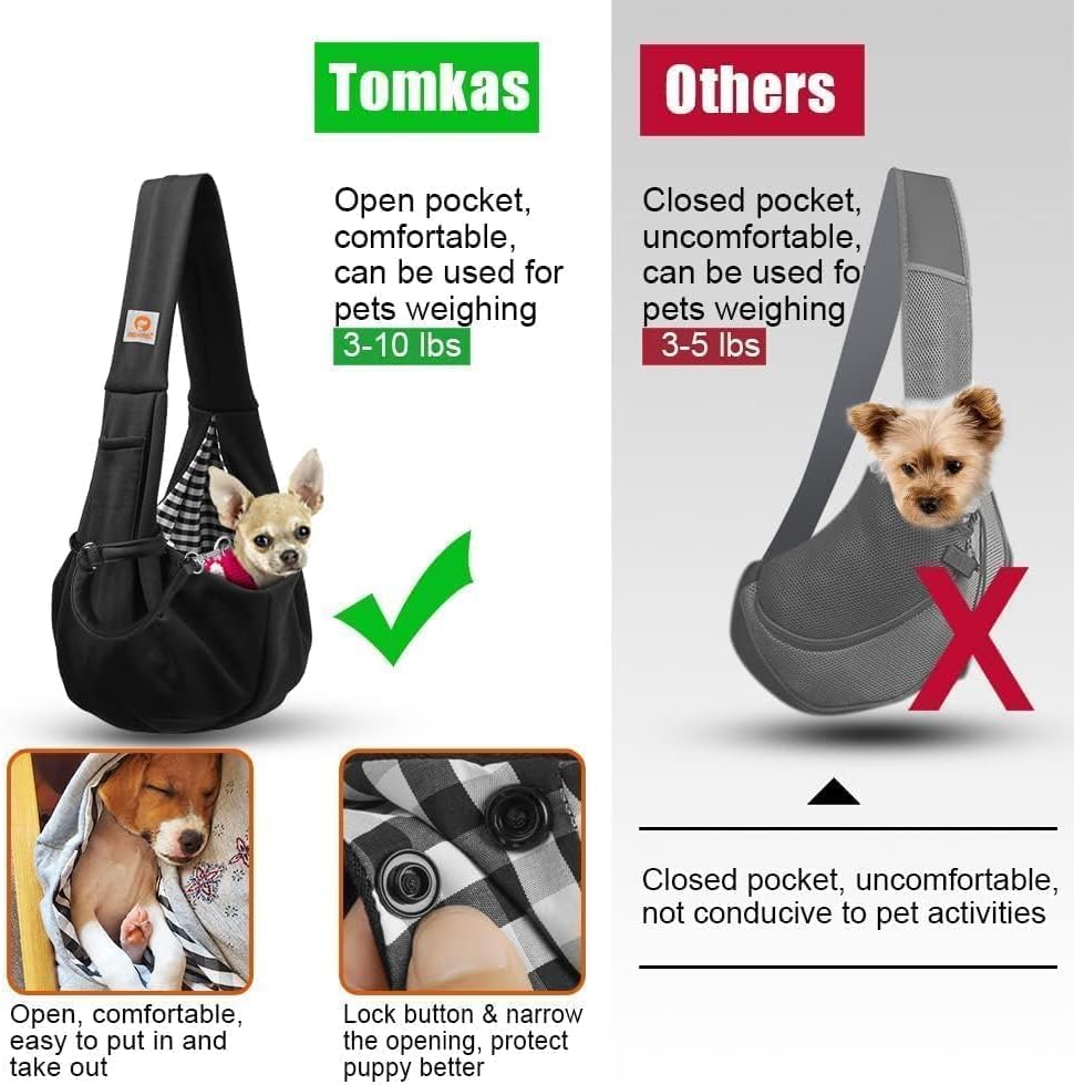 Small dog safely secured inside black Tomkas sling