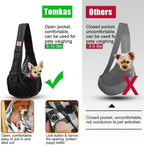 Small dog safely secured inside black Tomkas sling
