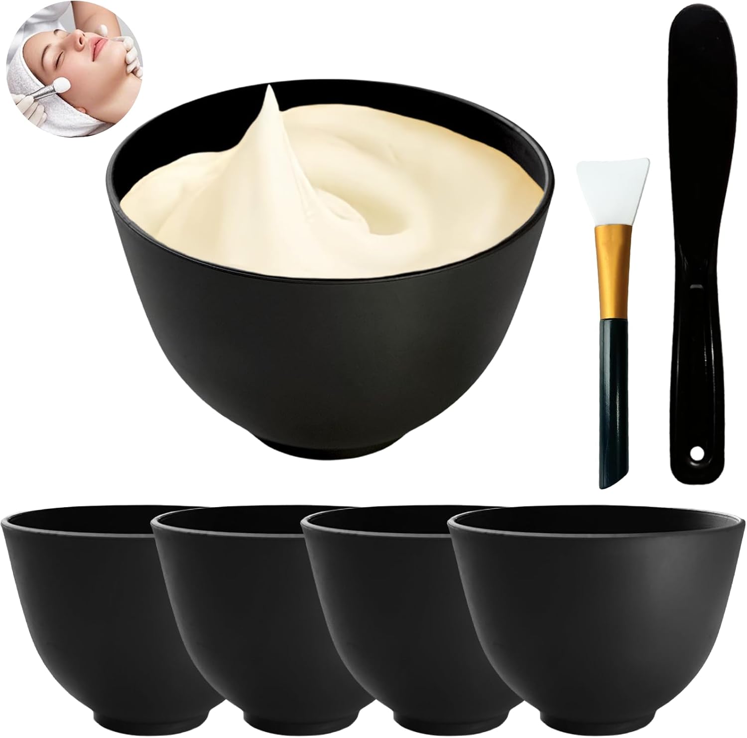 Bigwinyep 7-piece silicone facial mask mixing bowls set front view for DIY skincare preparation.