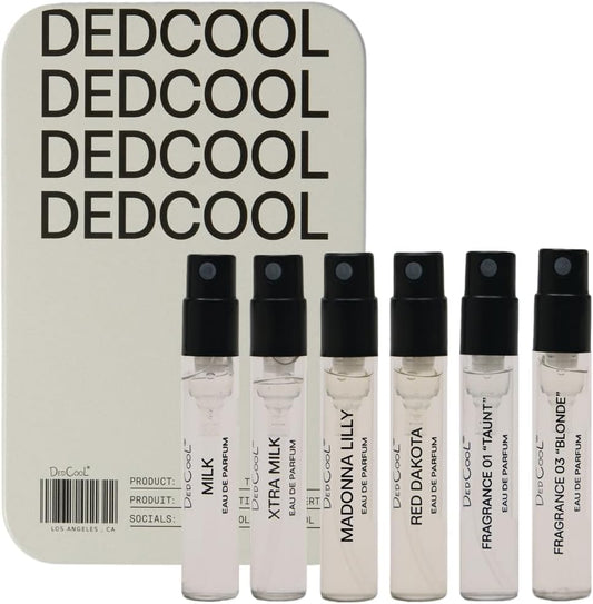 DedCool Fragrance Discovery Set branded metal tin with six perfume samples.