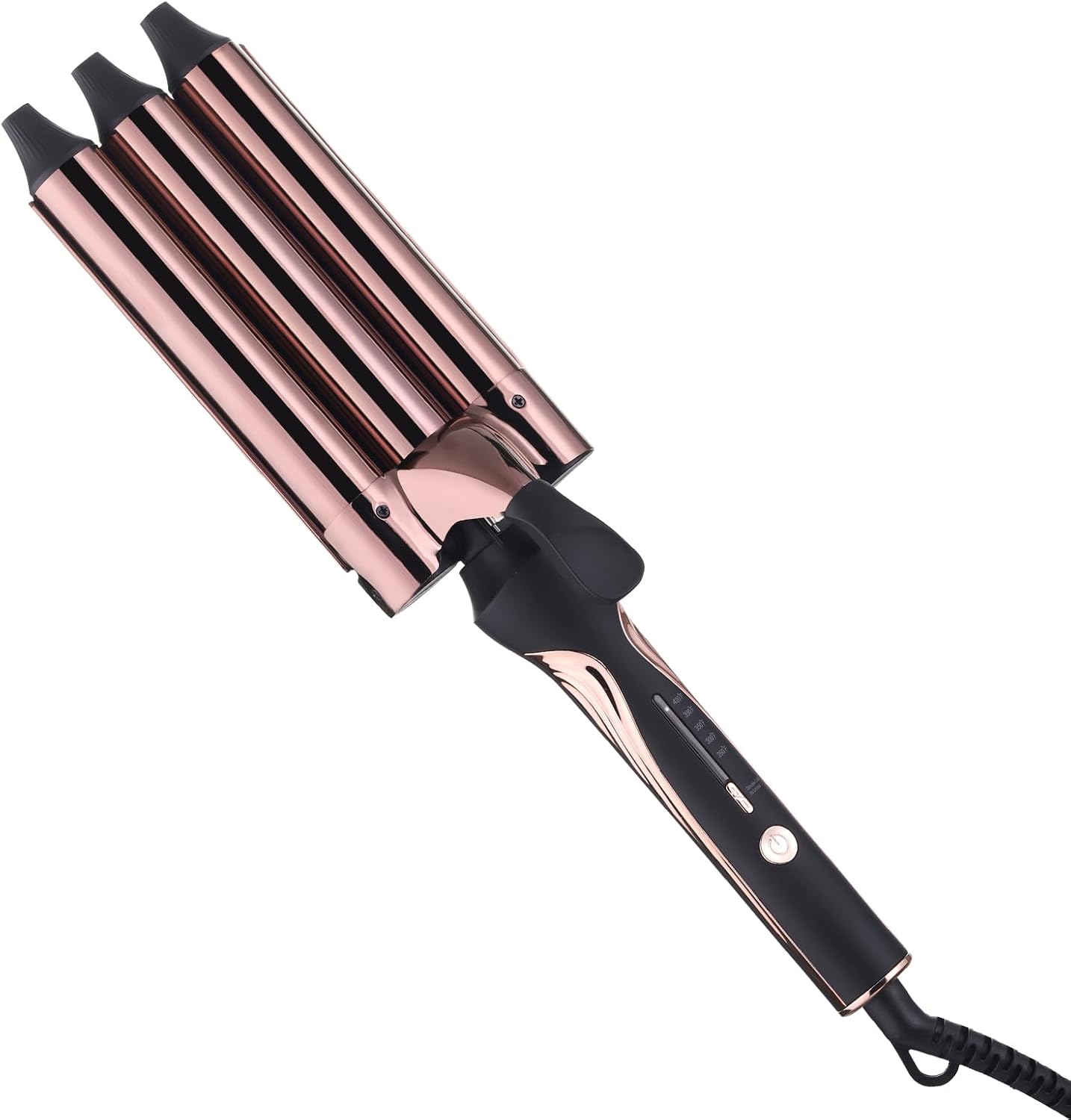 Rozamor three barrel curling iron hair crimper front view featuring one inch black and rose gold titanium barrels