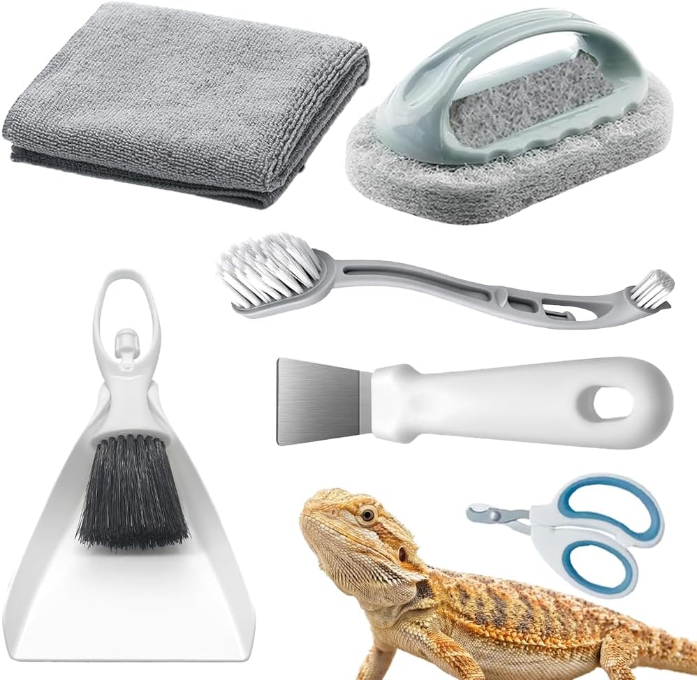 Delllala 6-Piece Bearded Dragon Tank Cleaning Set front view showing all components including brush and mini dustpan.