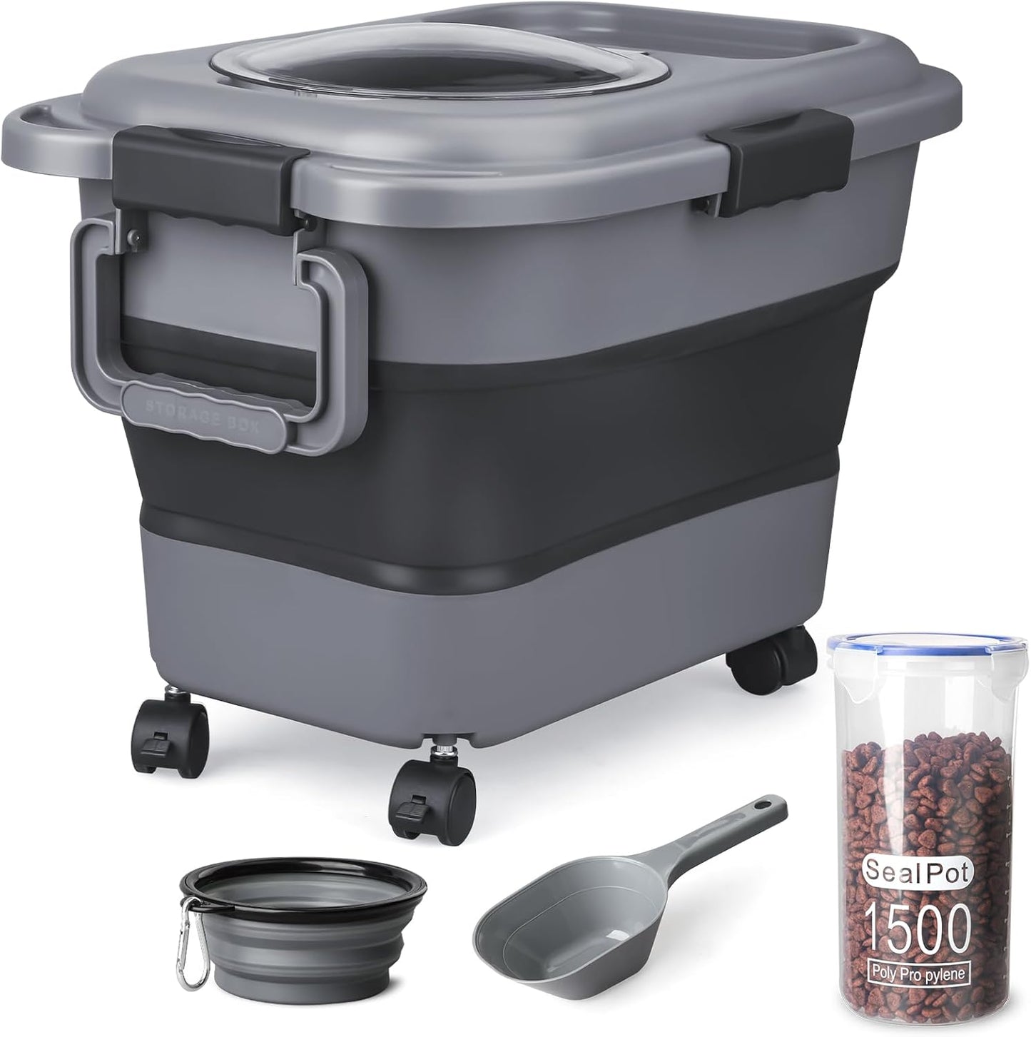 Dog Food Storage Container23-25 lbs Airtight Collapsible Cat Food Storage Container with Attachable Wheels, Portable Handle, Dog Food Scoop for Dog Cat Bird Pet Dry Food Storage Bin Dark Grey - Image 10