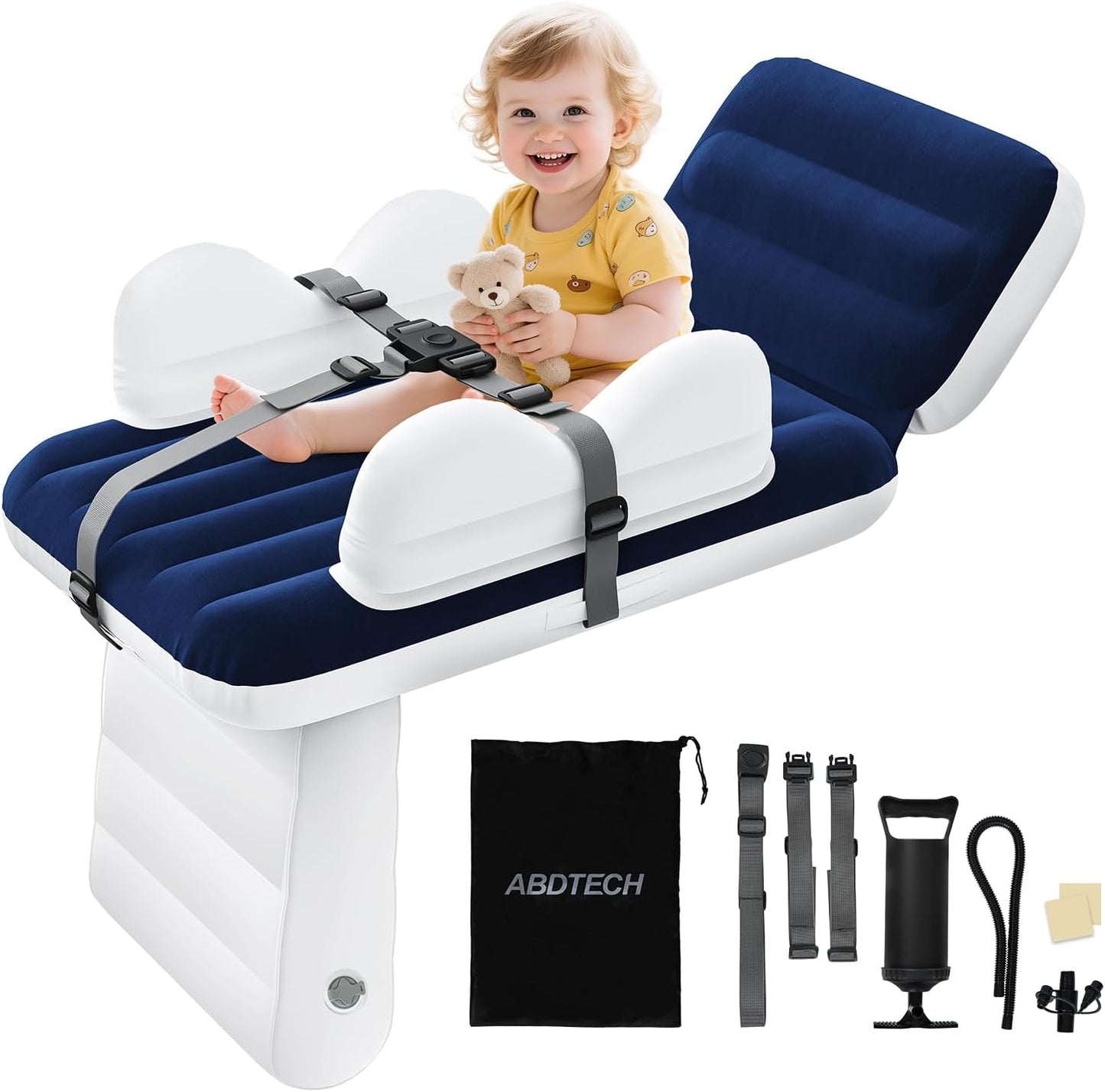 Abdtech Toddler Airplane Bed front view inflated on an airline seat showing the blue and white design.