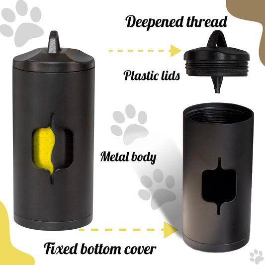 SHAOUMAN aluminum pet waste dispenser attached securely to a fabric dog leash via the included screw-locking carabiner.
