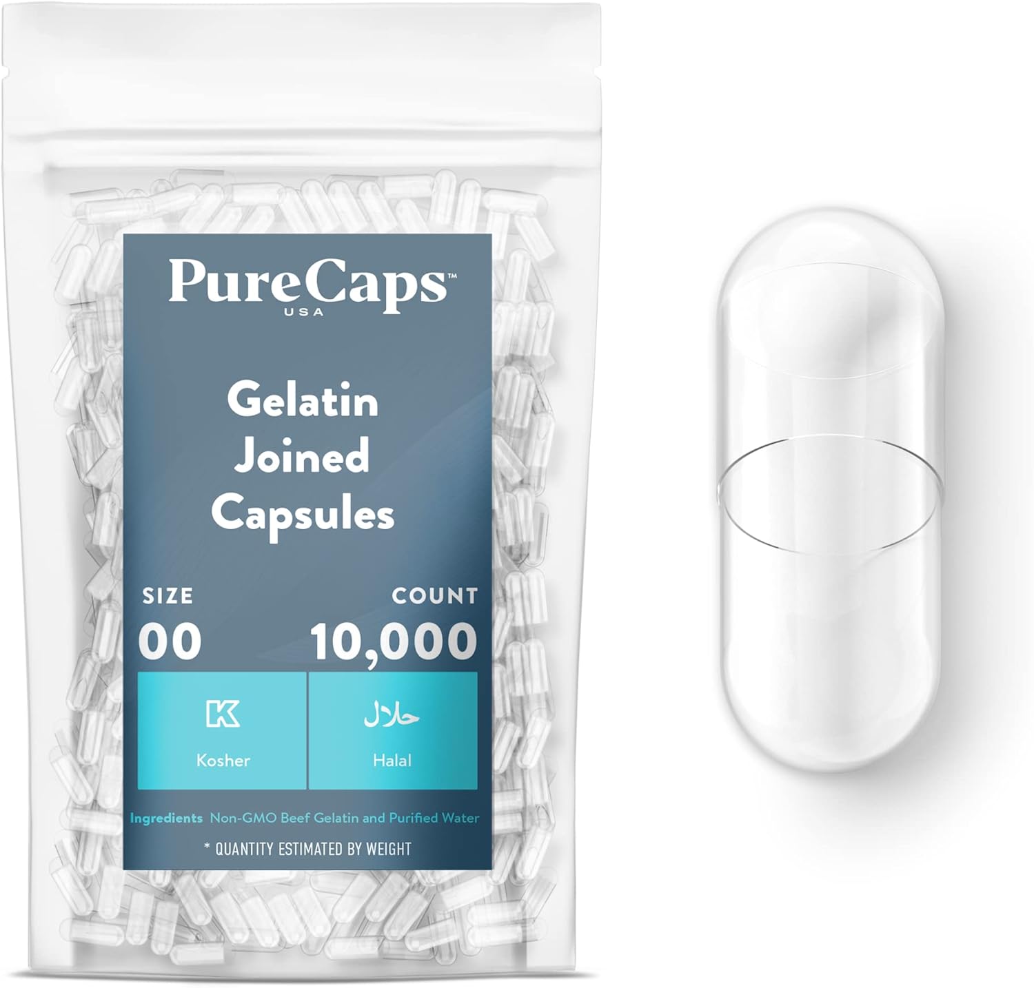 PureCaps USA Size 00 empty gelatin capsules front view