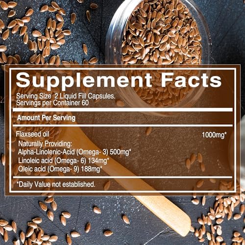 Side view of Pure Nutrition Natural Treasures flaxseed oil supplement bottle displaying ingredient nutritional facts.