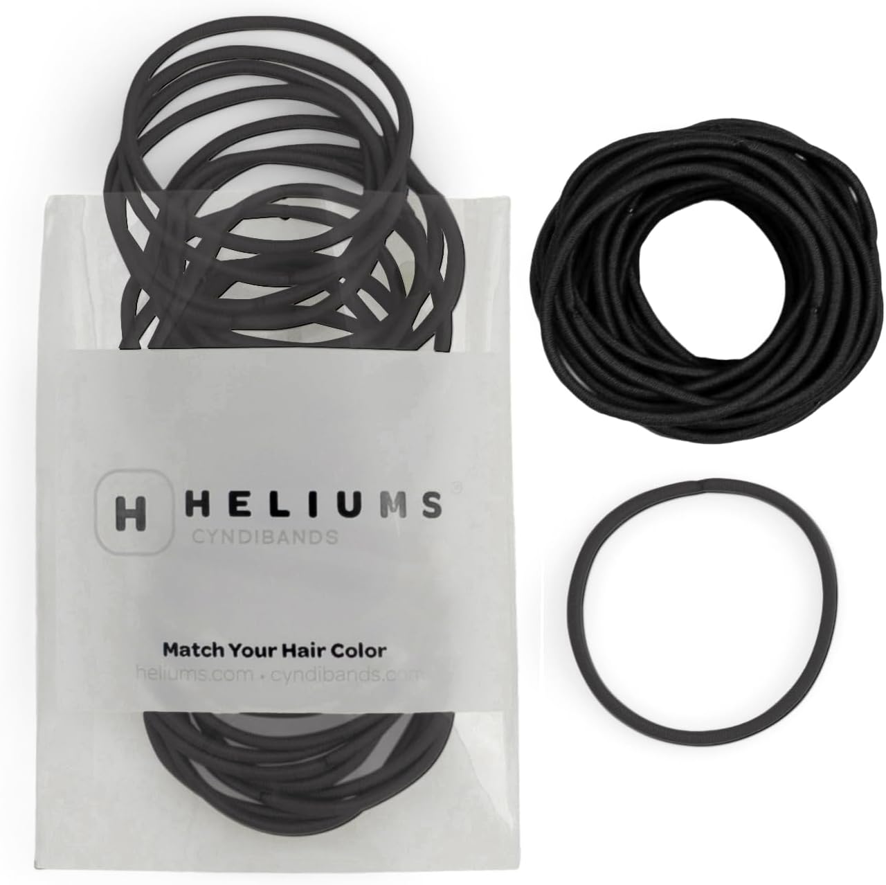 Heliums black thin hair elastics forty count pack front view lifestyle layout