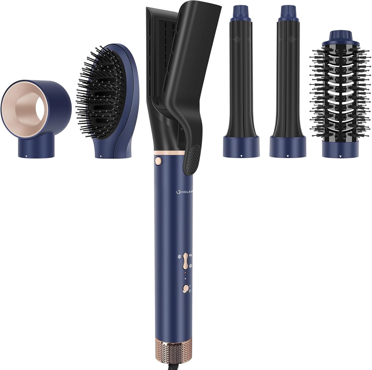 IG INGLAM MegaAIR 2.0 multi-styler hair dryer brush front view showing the prussian blue main handle body.