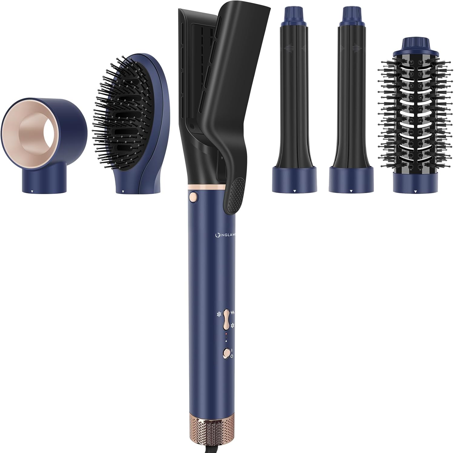 IG INGLAM MegaAIR 2.0 multi-styler hair dryer brush front view showing the prussian blue main handle body.