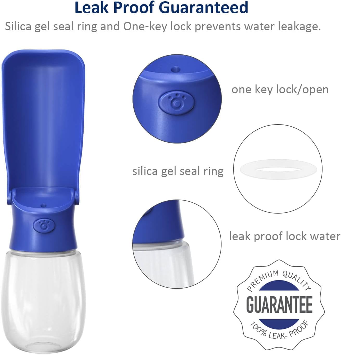 Twelve ounce capacity blue dog dispenser being held in one hand