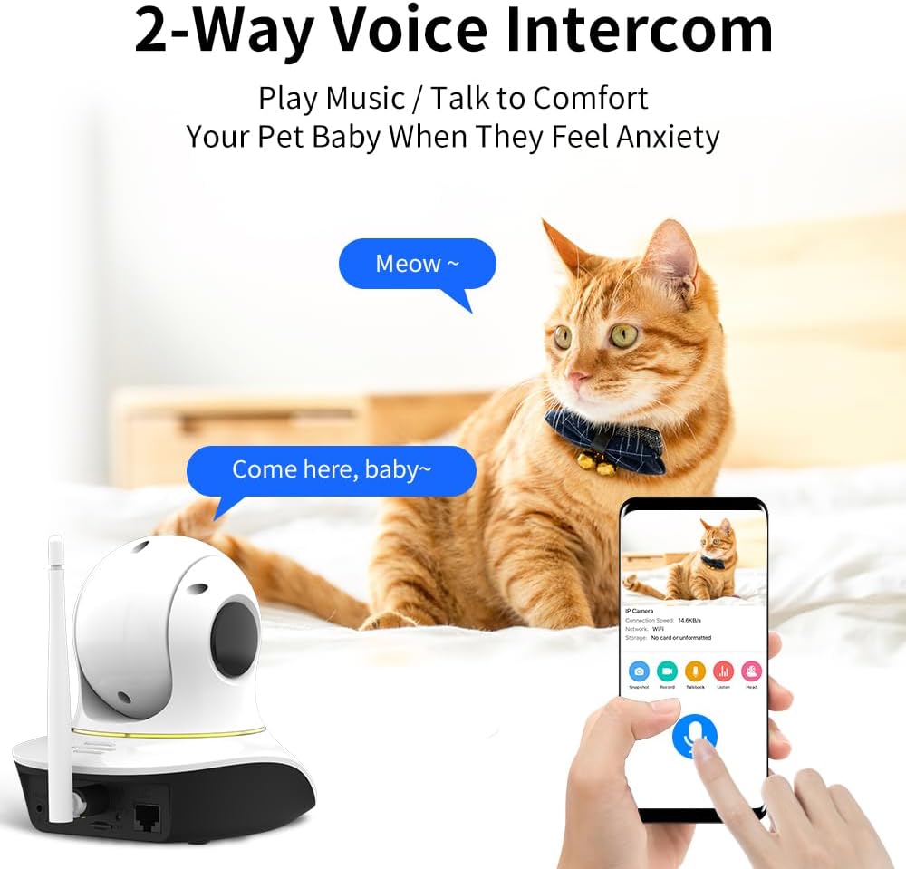 Pet surveillance camera with two way audio speaker and microphone close up
