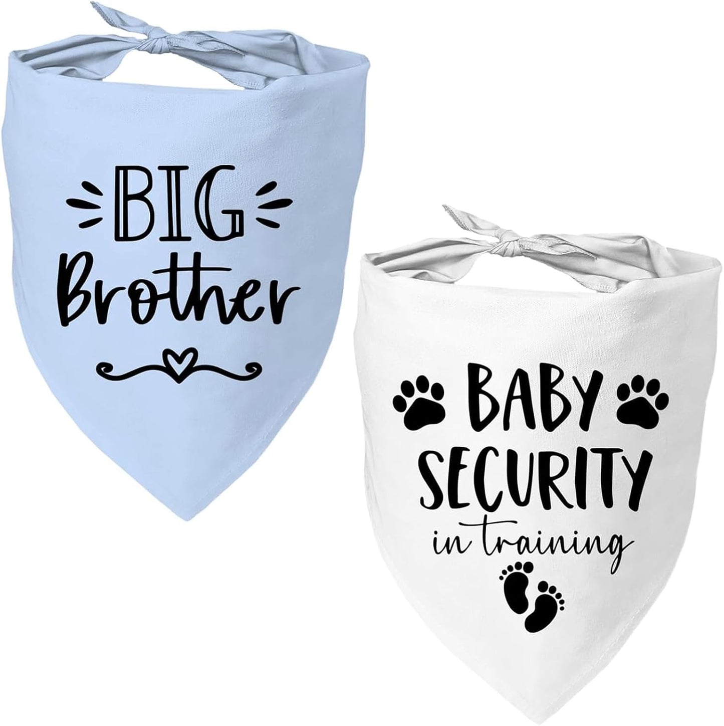 Lifestyle image of a cat and dog wearing matching baby security bandanas.