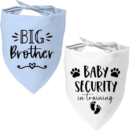 Lifestyle image of a cat and dog wearing matching baby security bandanas.