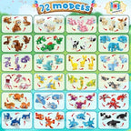 A selection of assembled 3 in 1 land and ocean animal mini blocks displayed together