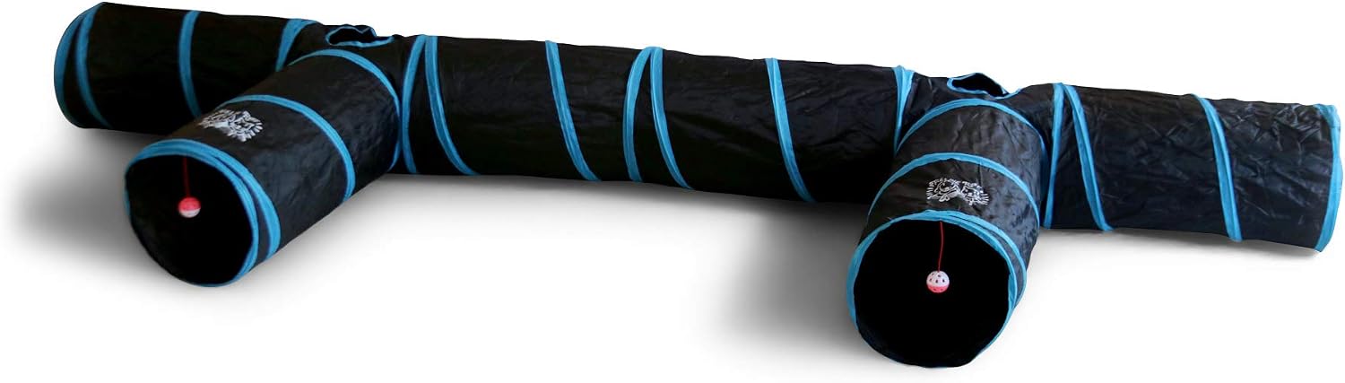 Feline Ruff extra large blue pet tunnel tube being explored by a small dog.