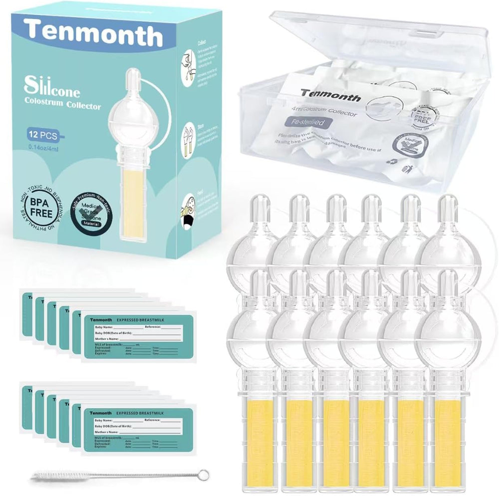 Tenmonth silicone colostrum collector kit front view containing twelve reusable storage tubes and a clear case
