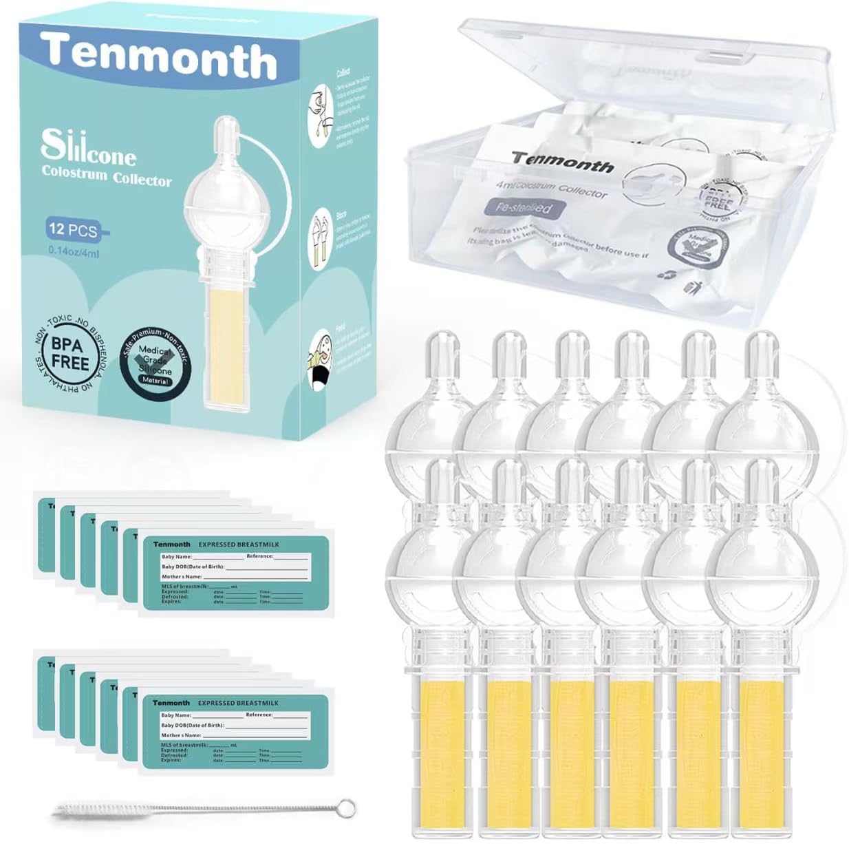 Tenmonth silicone colostrum collector kit front view containing twelve reusable storage tubes and a clear case