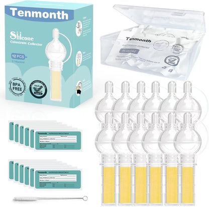 Tenmonth silicone colostrum collector kit front view containing twelve reusable storage tubes and a clear case