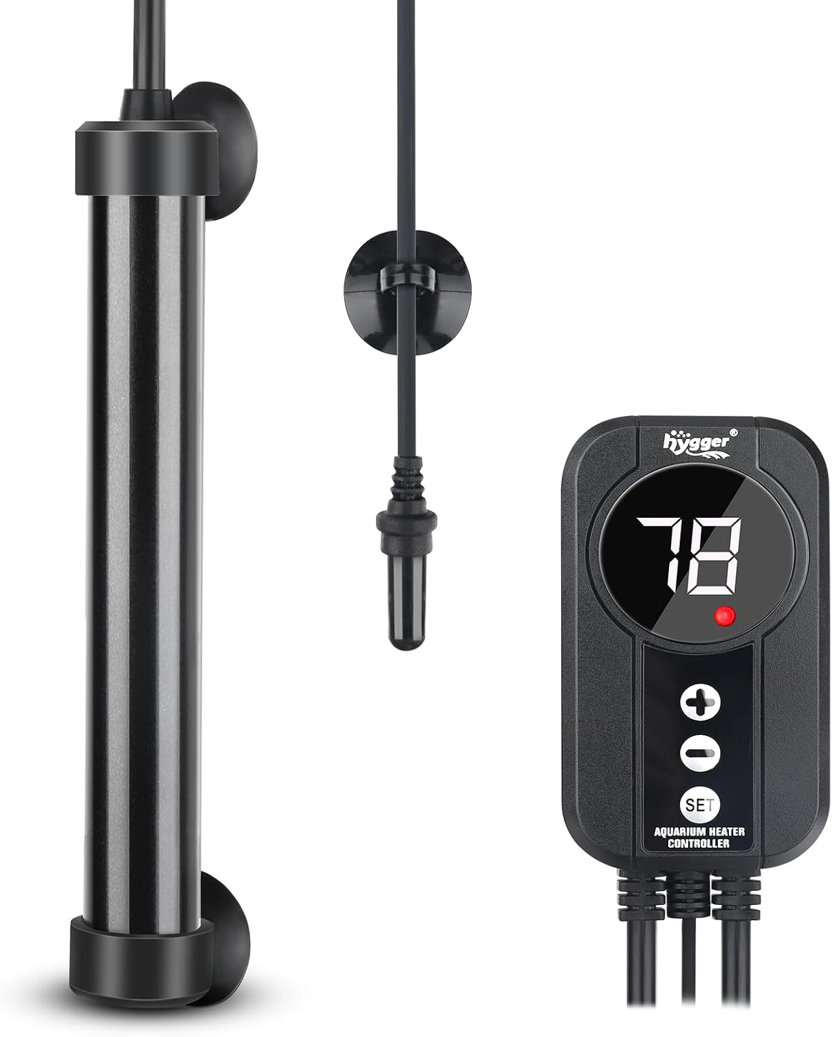Hygger titanium aquarium heater front view with digital controller
