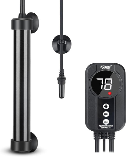 Hygger titanium aquarium heater front view with digital controller