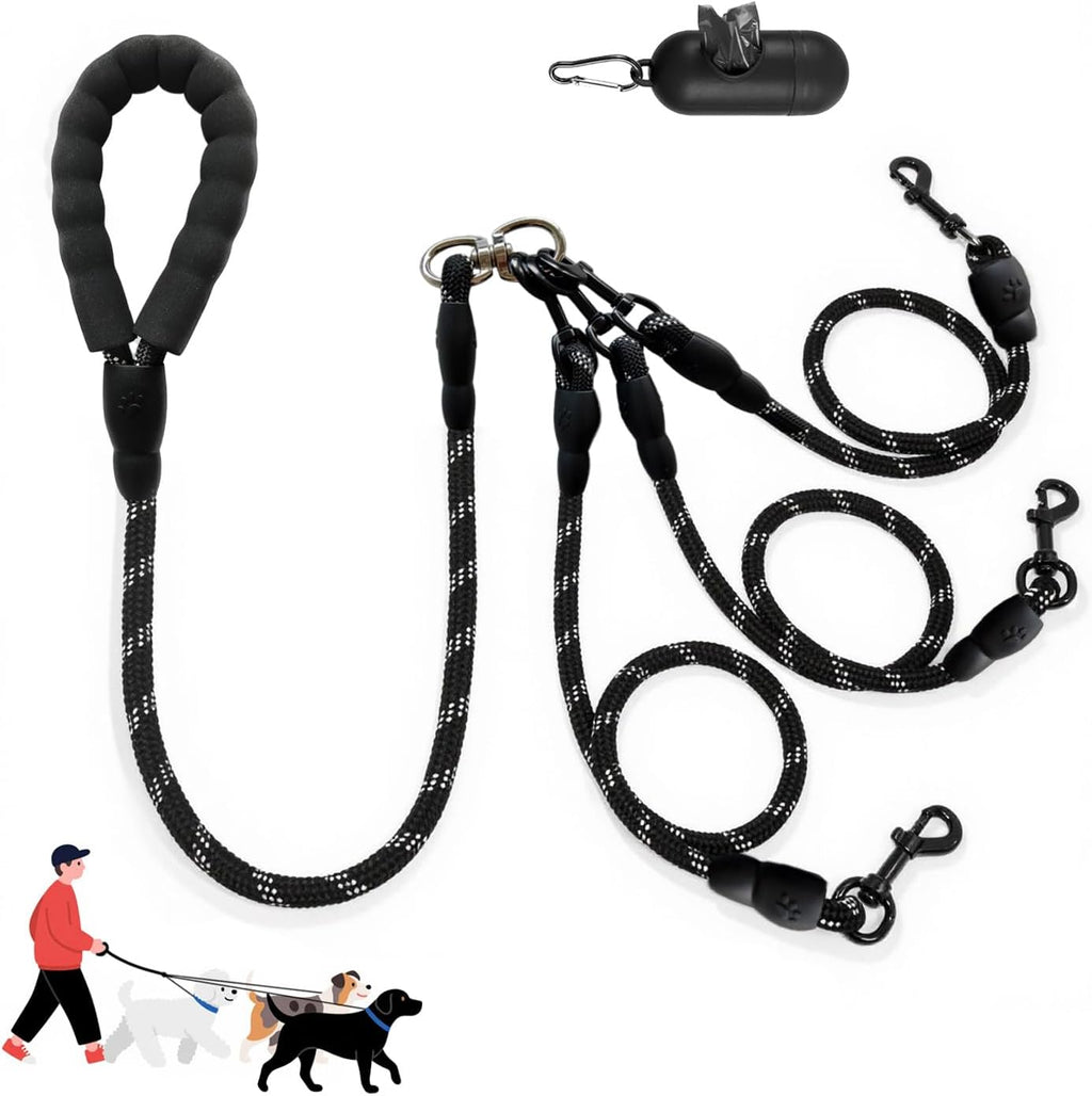 LEOSASA No Tangle Three Dog Leash main lead rope front view showcasing the black padded handle and three detachable splitters.
