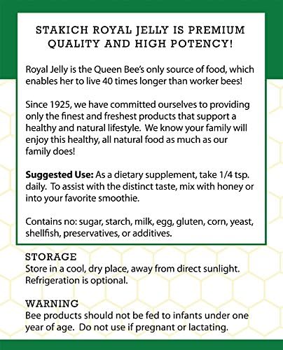 Back label view of authentic Stakich royal jelly powder displaying dietary supplement facts