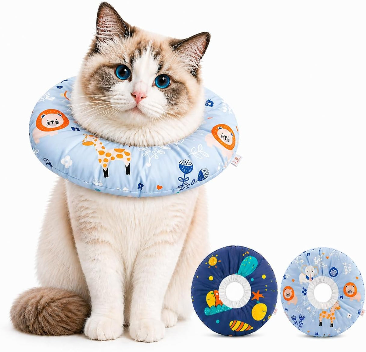 Generic waterproof cat recovery donut collar front view on a light blue background.