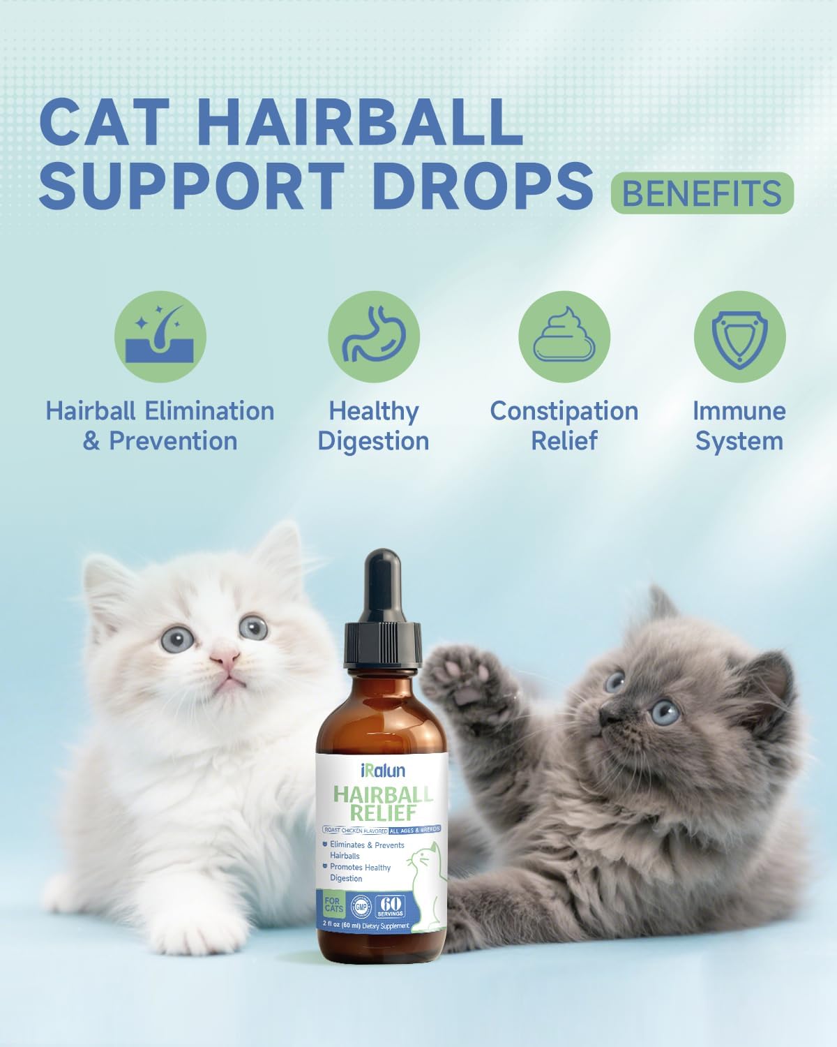 Cat hairball relief liquid dropper bottle showing cat grass flavor formula