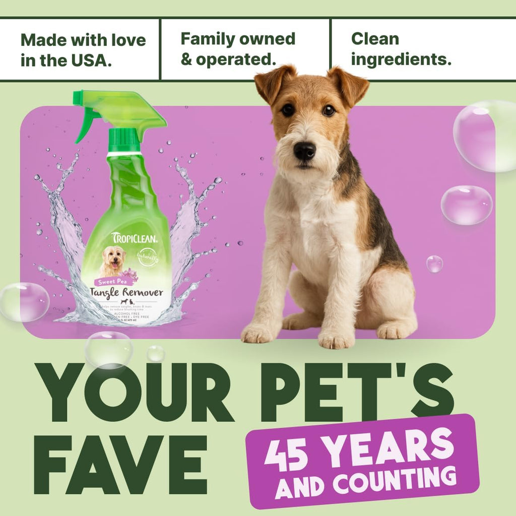 Side profile of Tropiclean 473 milliliter pet detangler bottle
