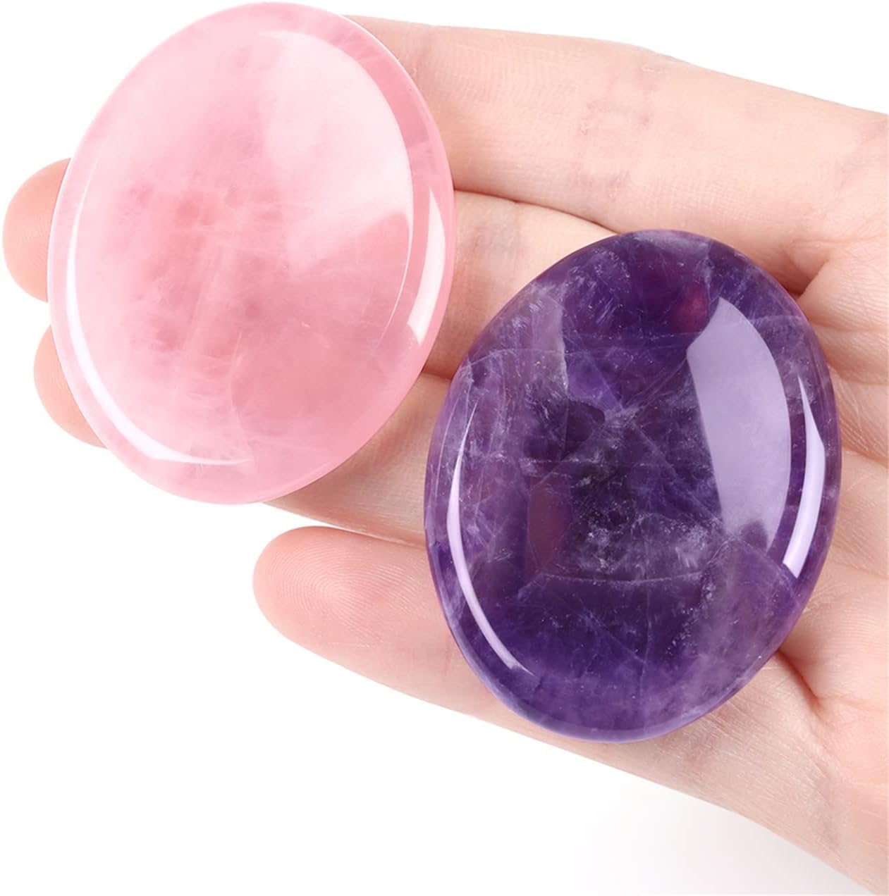 YATOJUZI Thumb Worry Stones front view showing Amethyst and Rose Quartz crystals.