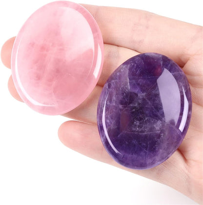 YATOJUZI Thumb Worry Stones front view showing Amethyst and Rose Quartz crystals.