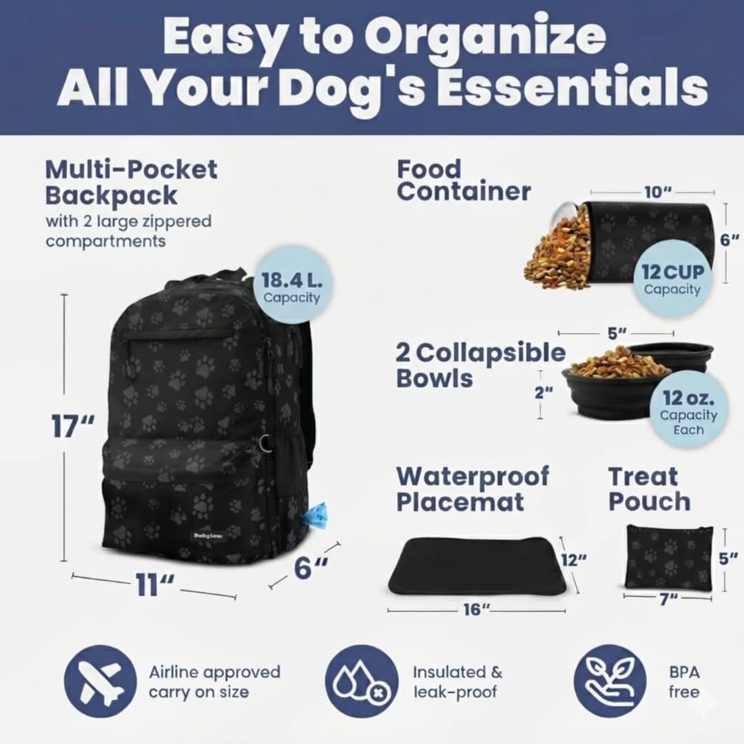 Rubyloo dog travel gear including two collapsible silicone bowls and food containers.