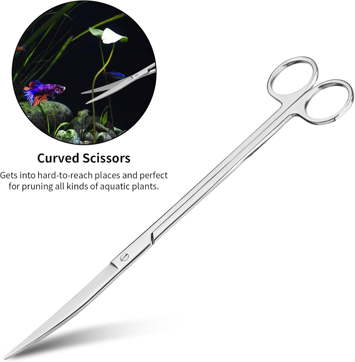 Ohtomber aquarium scissors trimming live aquatic plants in a fish tank.