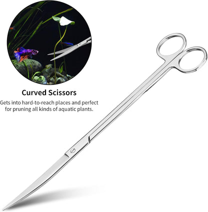 Ohtomber aquarium scissors trimming live aquatic plants in a fish tank.
